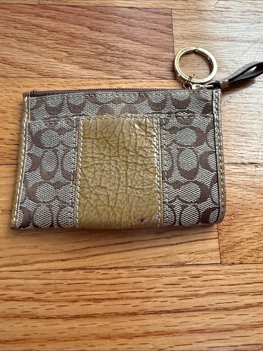 Coach Brown Signature Coin & Key Zip Card Holder with Gold Accent